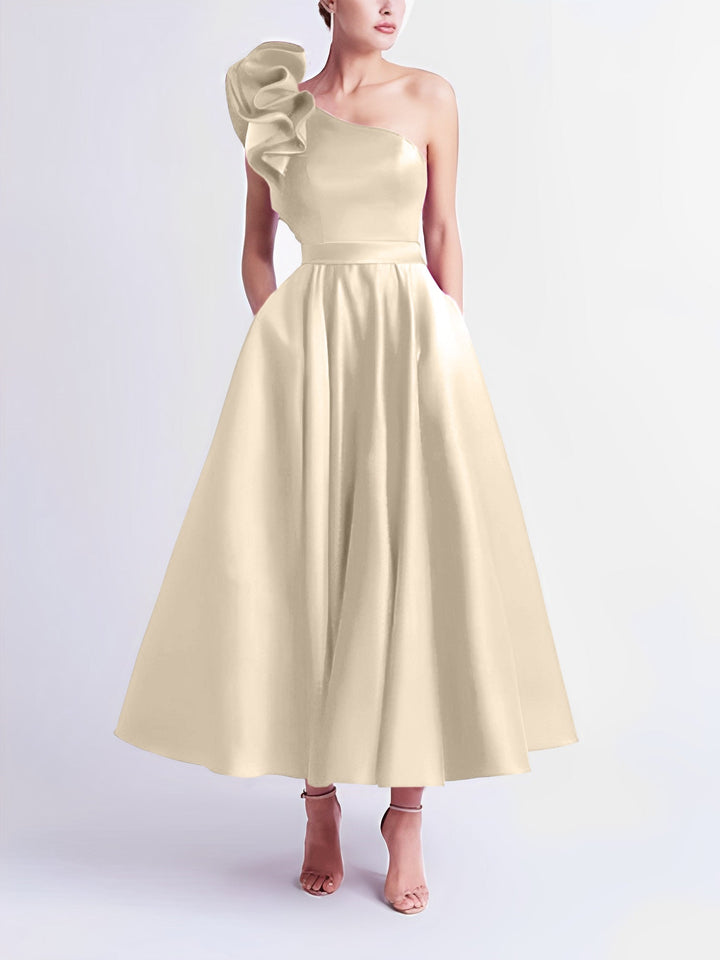 A-Line One-Shoulder Wedding Guest Cocktail Dresses Tea-Length  With Ruffles