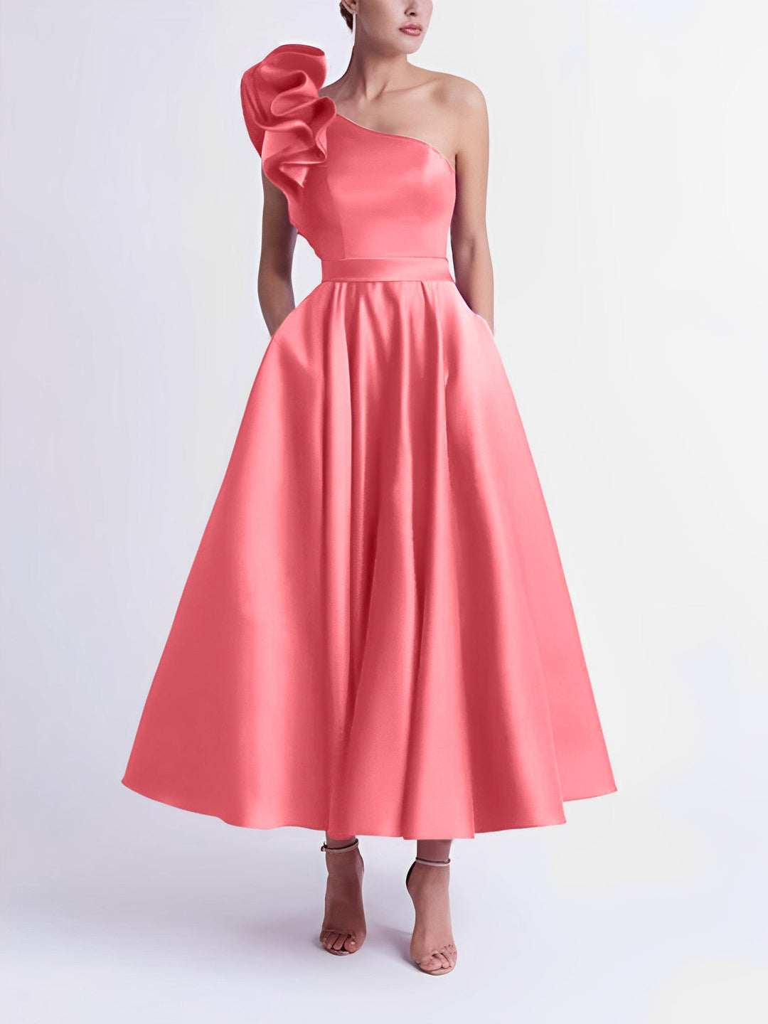 A-Line One-Shoulder Wedding Guest Cocktail Dresses Tea-Length  With Ruffles