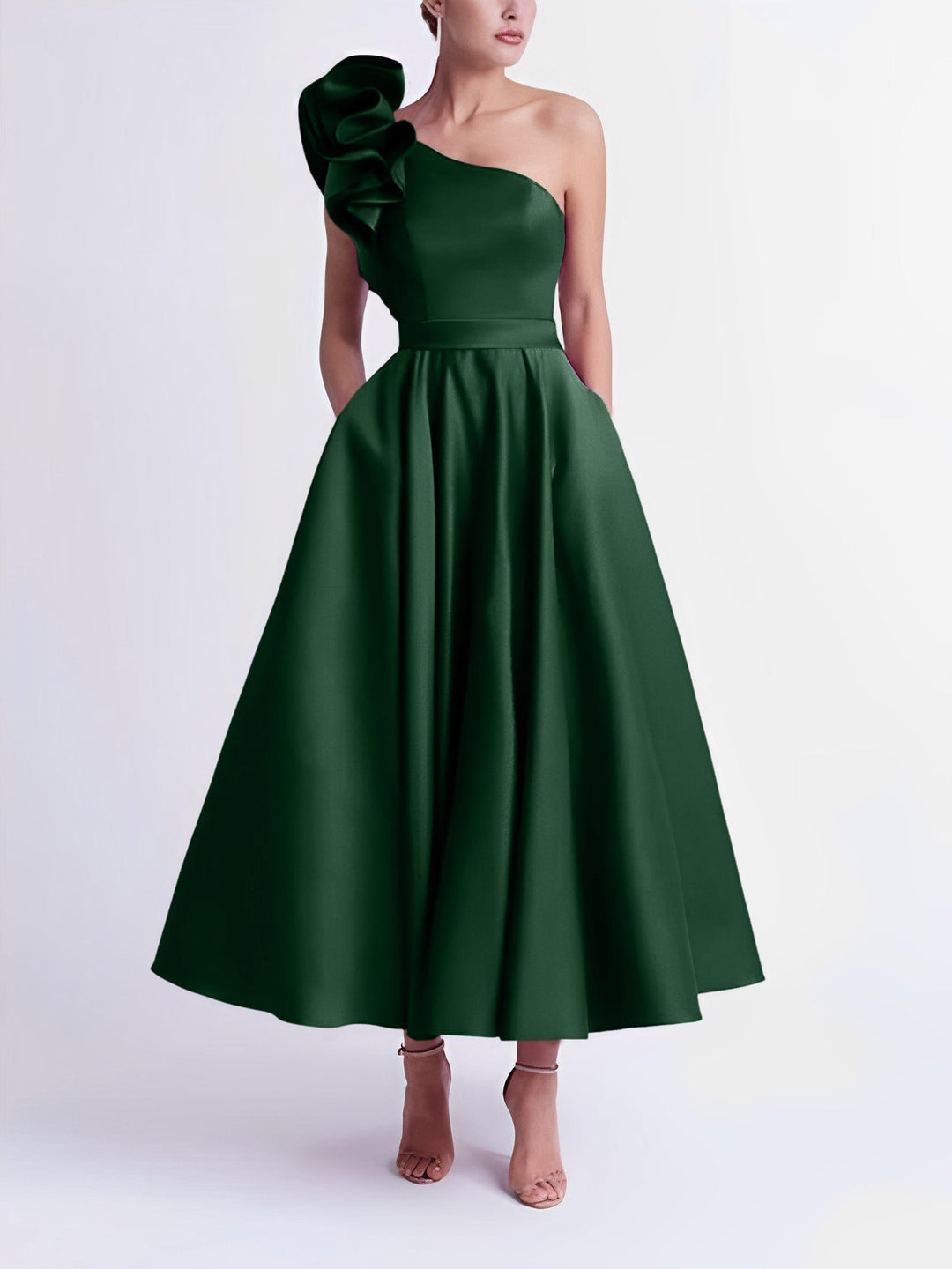 A-Line One-Shoulder Wedding Guest Cocktail Dresses Tea-Length  With Ruffles