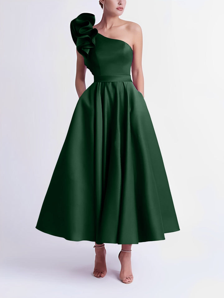 A-Line One-Shoulder Wedding Guest Cocktail Dresses Tea-Length  With Ruffles