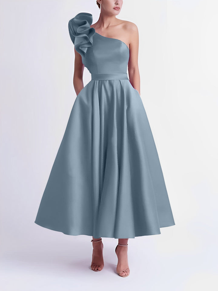 A-Line One-Shoulder Wedding Guest Cocktail Dresses Tea-Length  With Ruffles