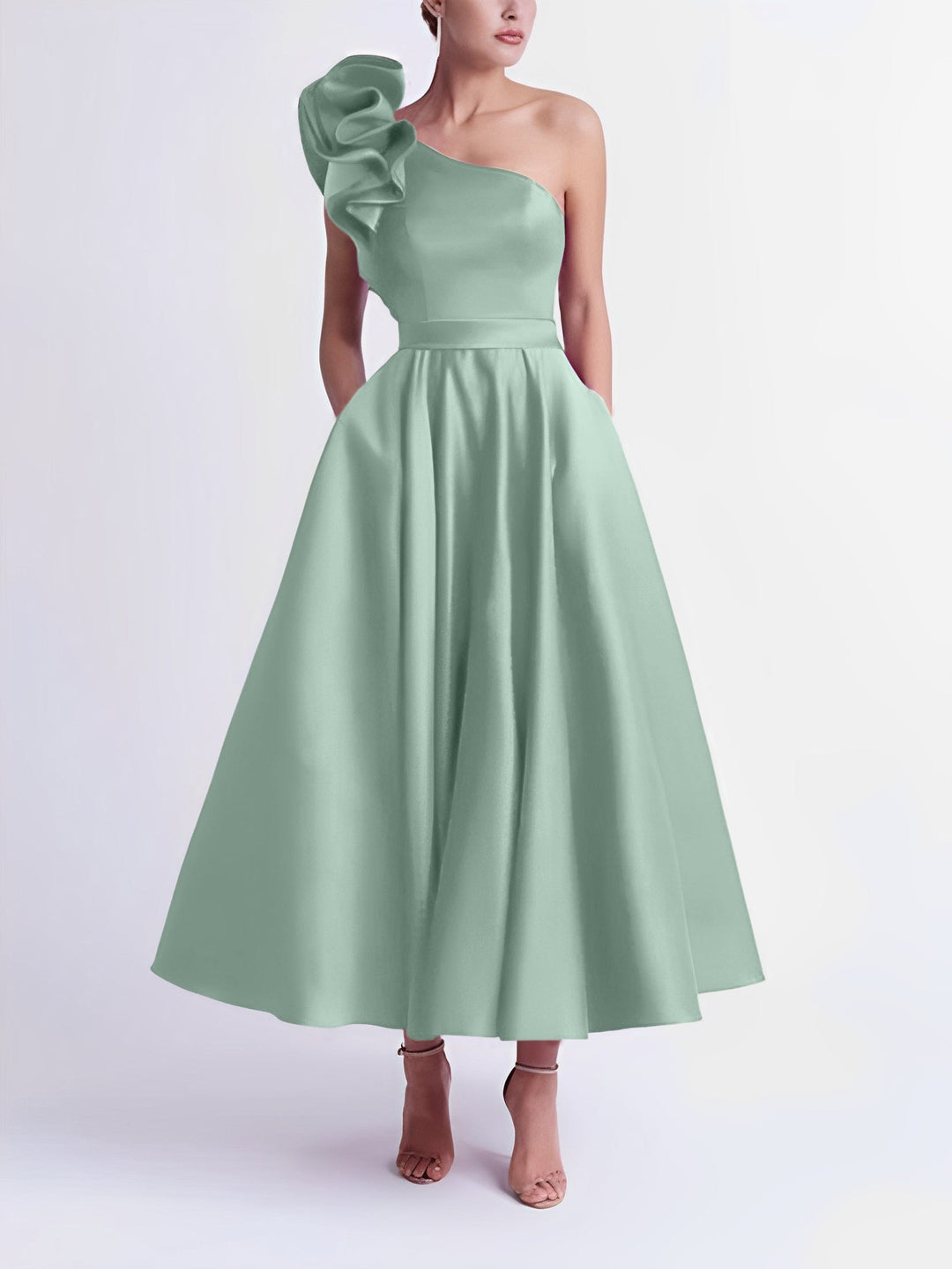 A-Line One-Shoulder Wedding Guest Cocktail Dresses Tea-Length  With Ruffles