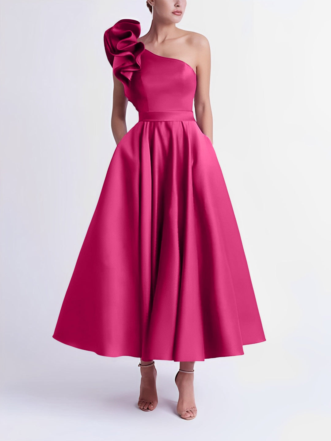 A-Line One-Shoulder Wedding Guest Cocktail Dresses Tea-Length  With Ruffles