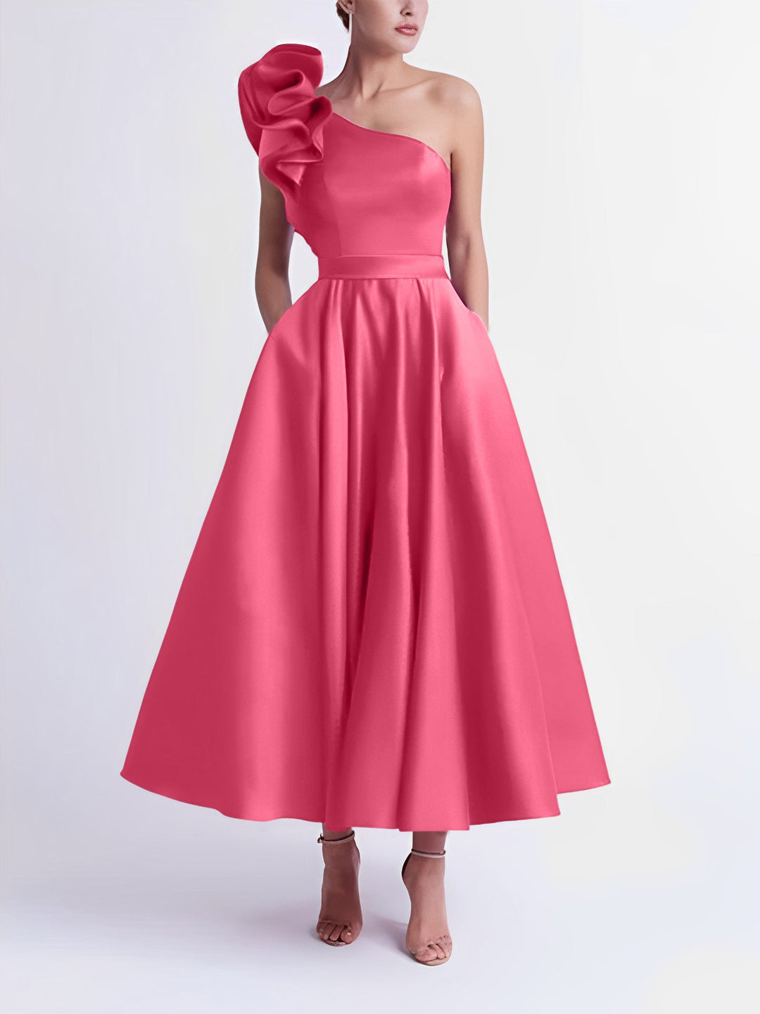 A-Line One-Shoulder Wedding Guest Cocktail Dresses Tea-Length  With Ruffles