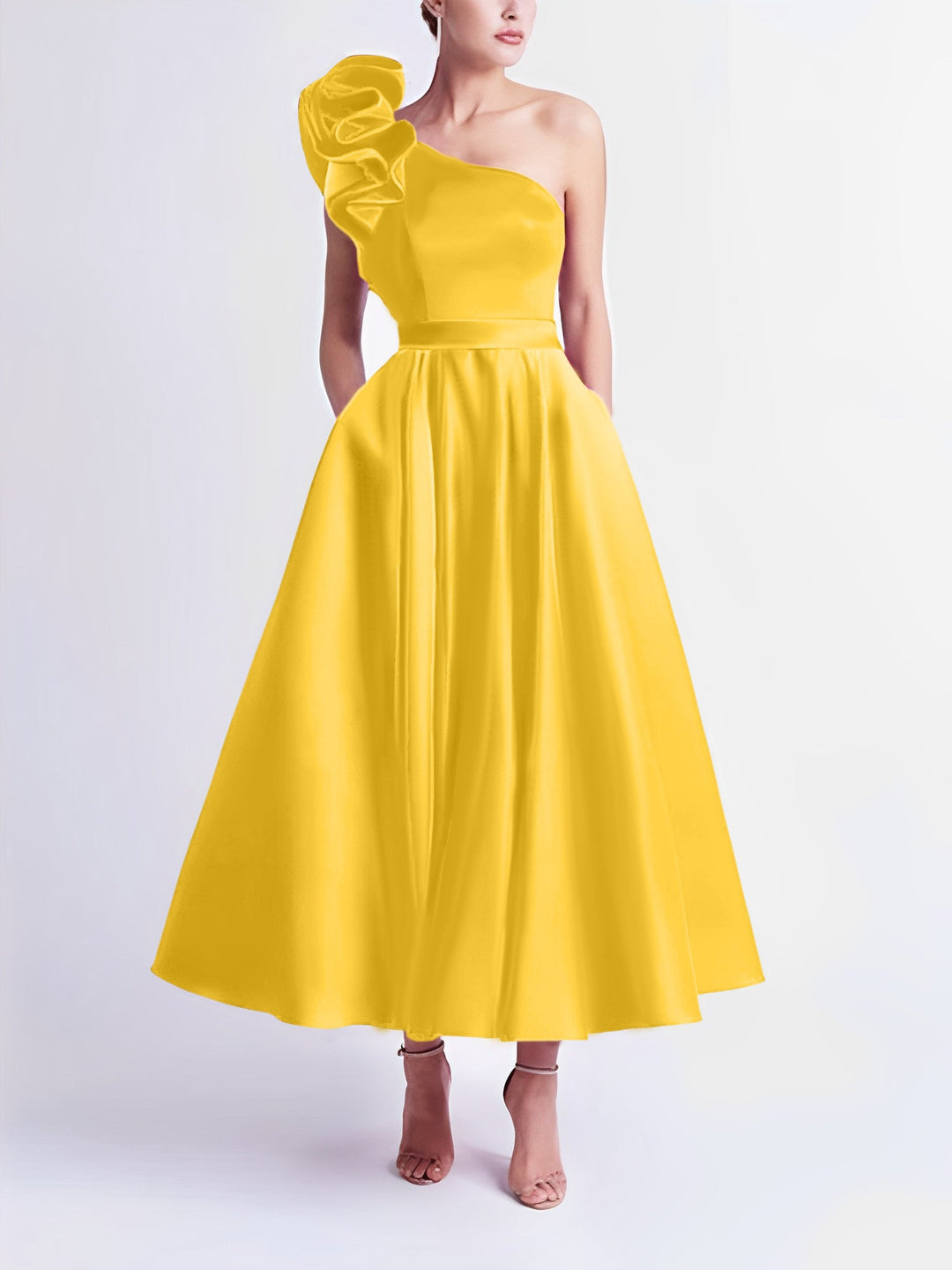 A-Line One-Shoulder Wedding Guest Cocktail Dresses Tea-Length  With Ruffles