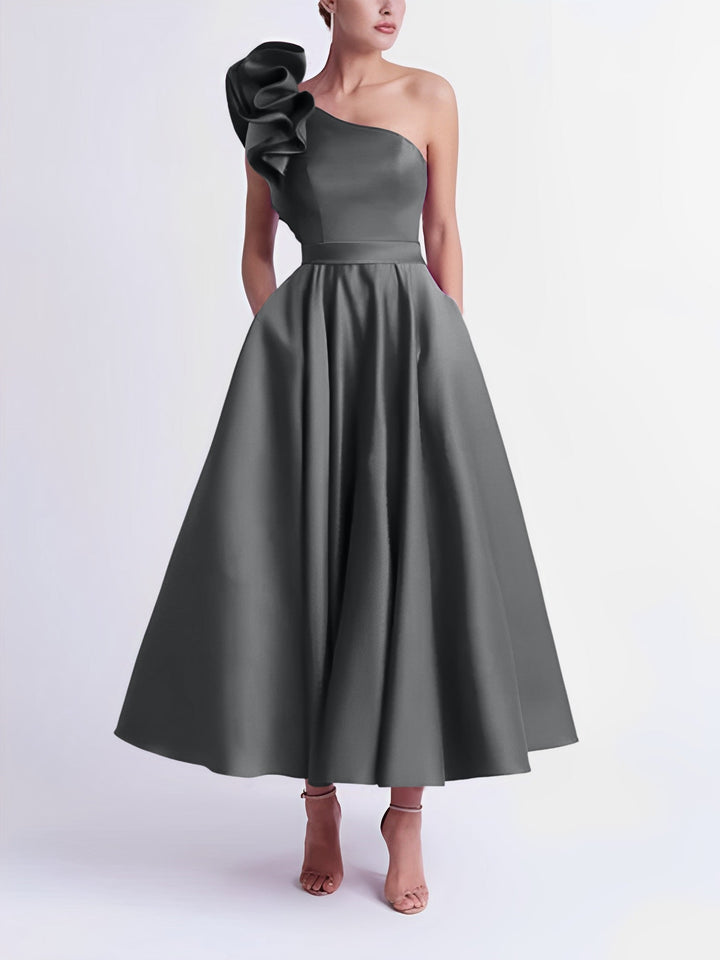 A-Line One-Shoulder Wedding Guest Cocktail Dresses Tea-Length  With Ruffles