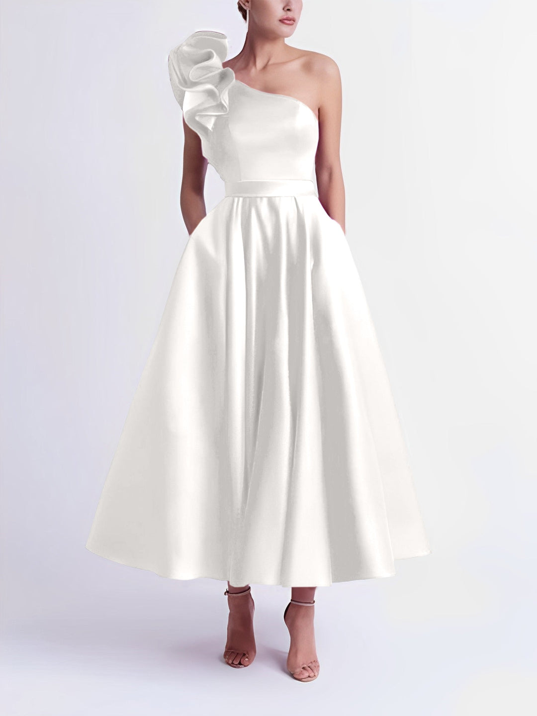 A-Line One-Shoulder Wedding Guest Cocktail Dresses Tea-Length  With Ruffles