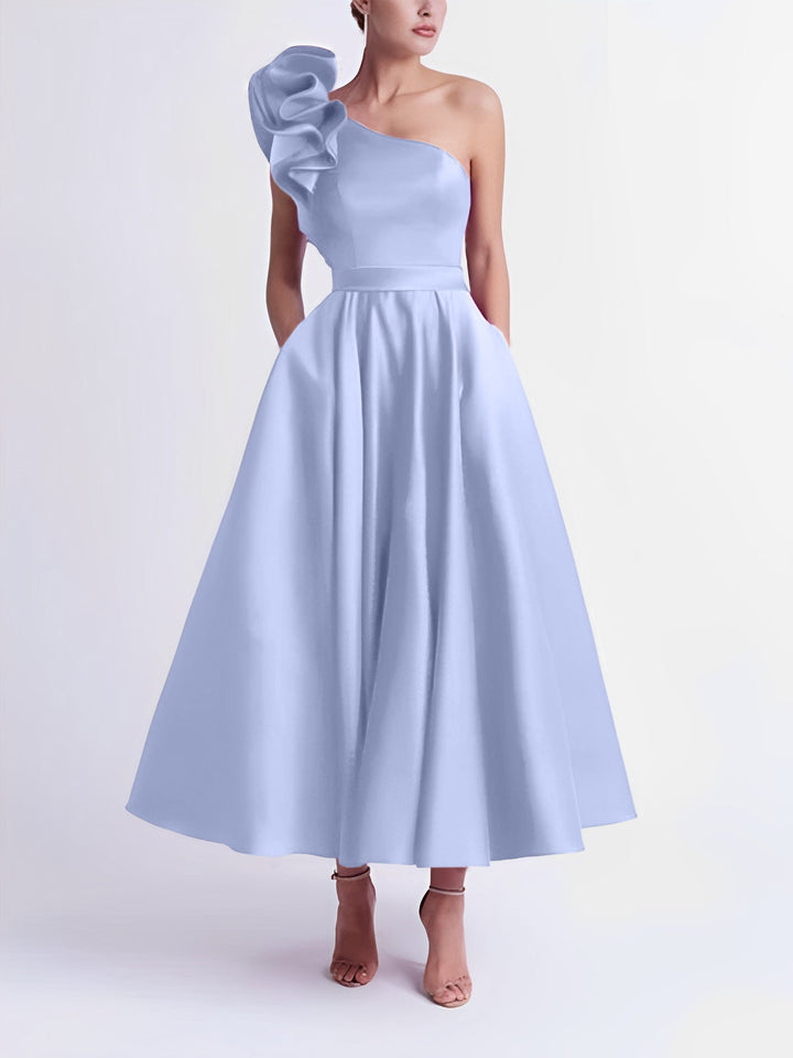 A-Line One-Shoulder Wedding Guest Cocktail Dresses Tea-Length  With Ruffles