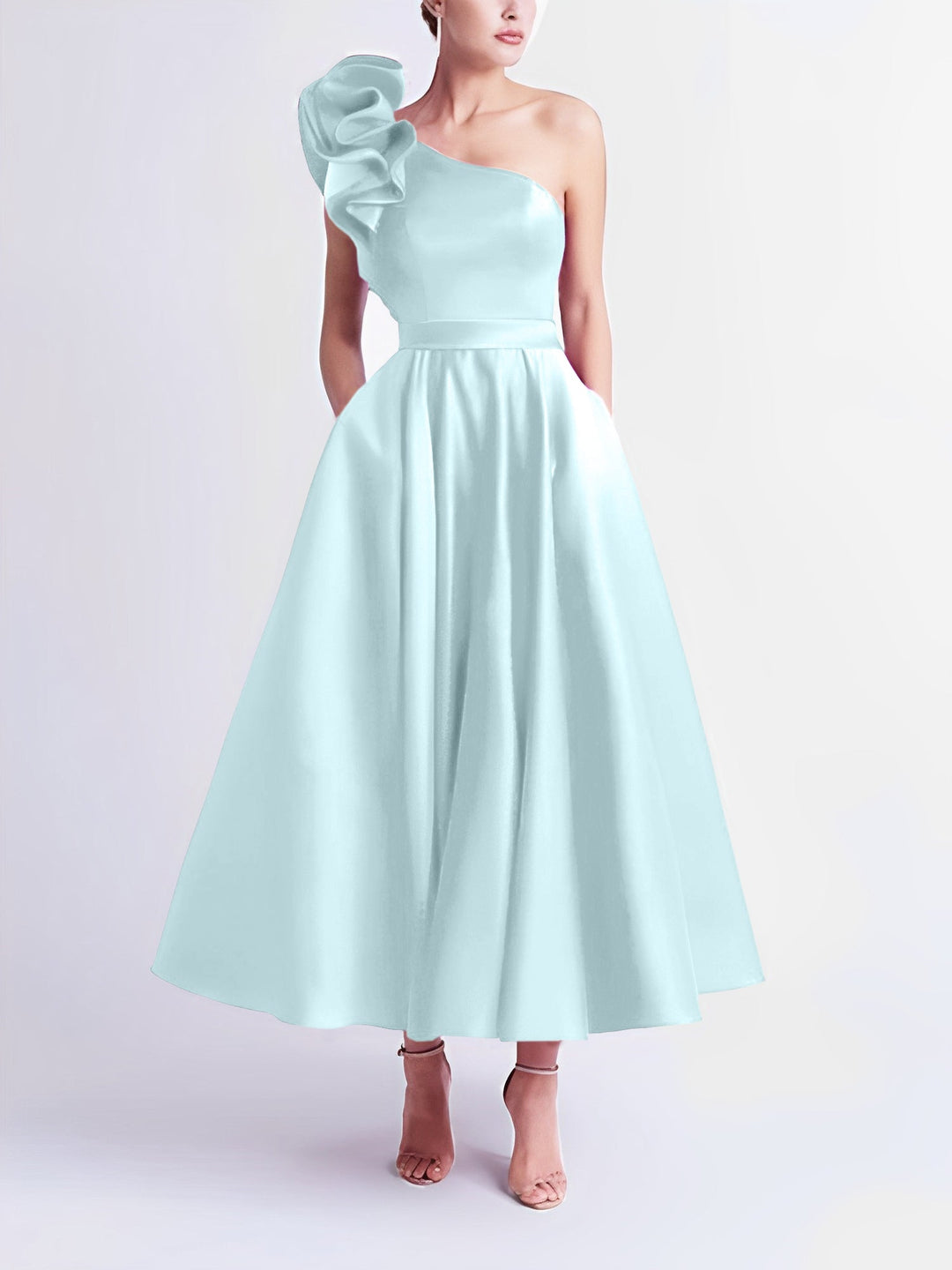 A-Line One-Shoulder Wedding Guest Cocktail Dresses Tea-Length  With Ruffles