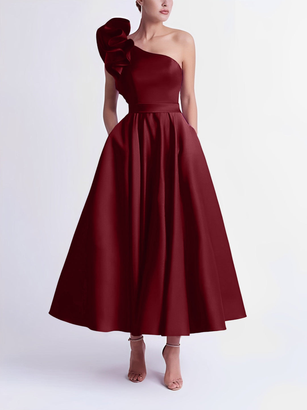 A-Line One-Shoulder Wedding Guest Cocktail Dresses Tea-Length  With Ruffles