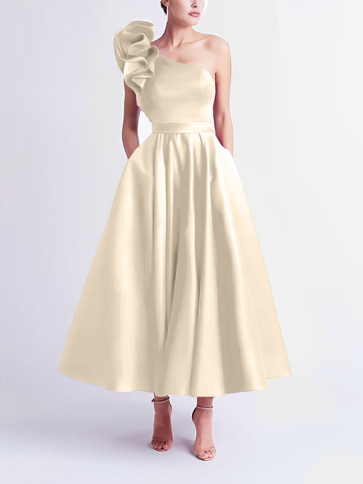 A-Line One-Shoulder Wedding Guest Cocktail Dresses Tea-Length  With Ruffles