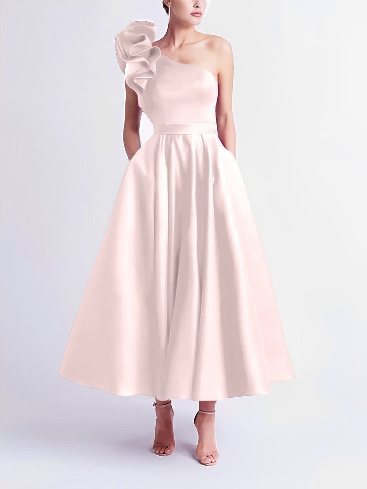 A-Line One-Shoulder Wedding Guest Cocktail Dresses Tea-Length  With Ruffles