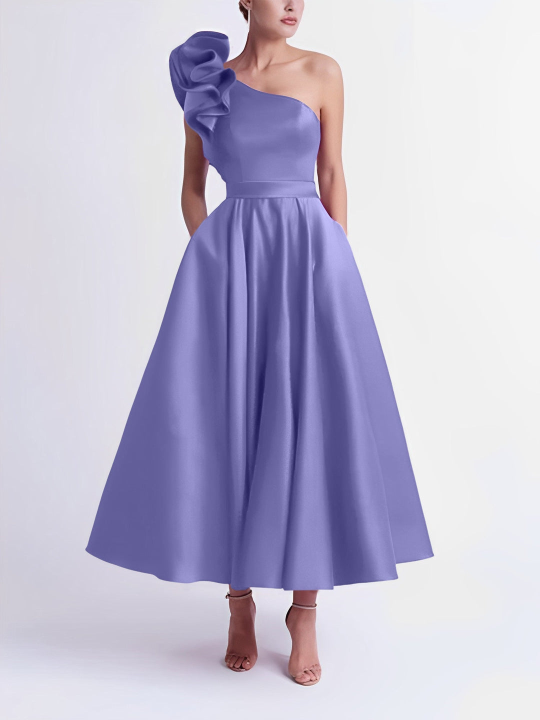A-Line One-Shoulder Wedding Guest Cocktail Dresses Tea-Length  With Ruffles