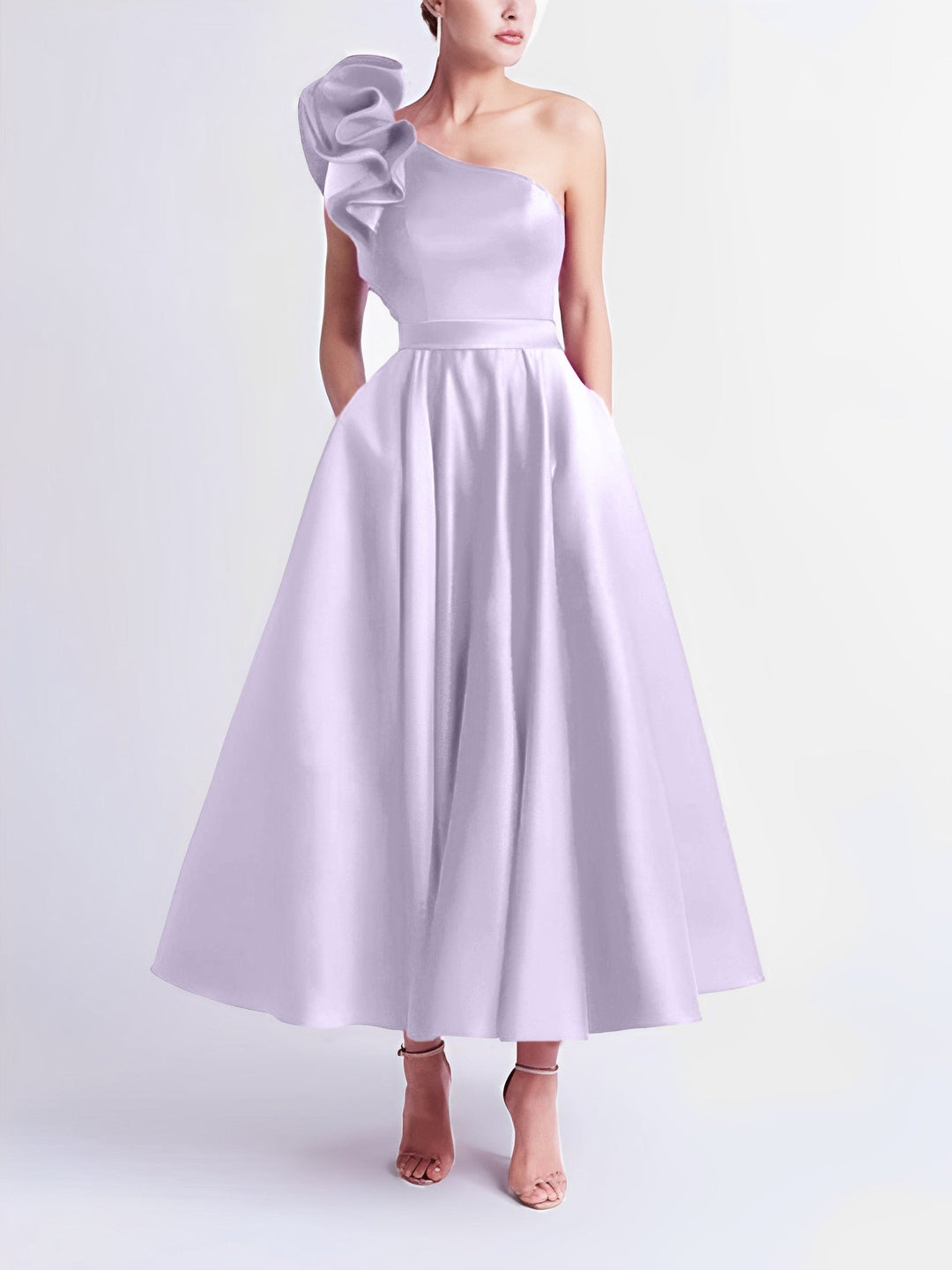A-Line One-Shoulder Wedding Guest Cocktail Dresses Tea-Length  With Ruffles