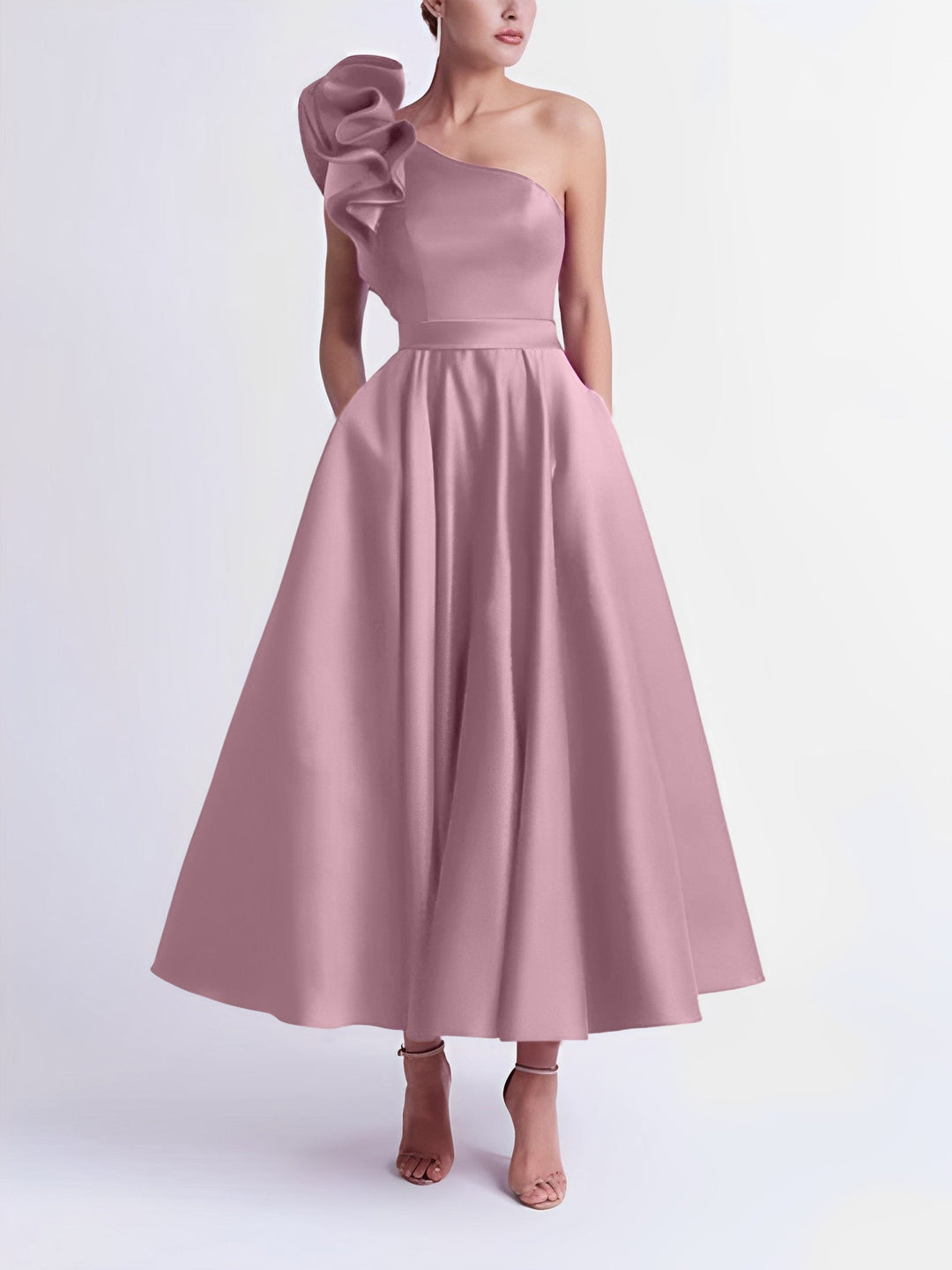 A-Line One-Shoulder Wedding Guest Cocktail Dresses Tea-Length  With Ruffles