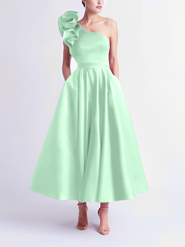 A-Line One-Shoulder Wedding Guest Cocktail Dresses Tea-Length  With Ruffles
