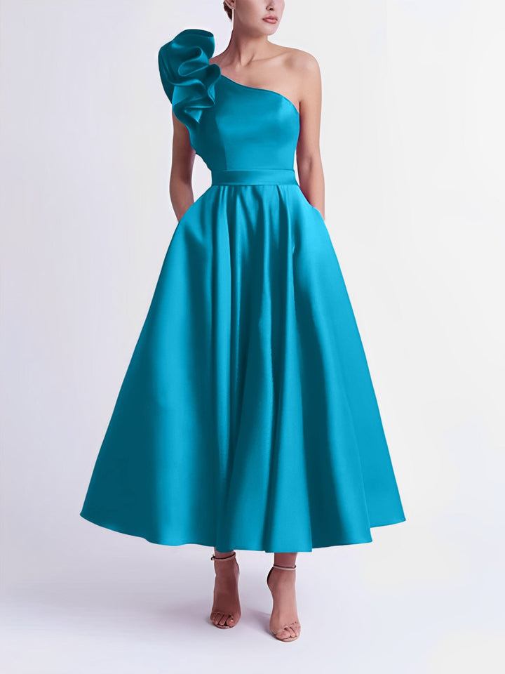 A-Line One-Shoulder Wedding Guest Cocktail Dresses Tea-Length  With Ruffles