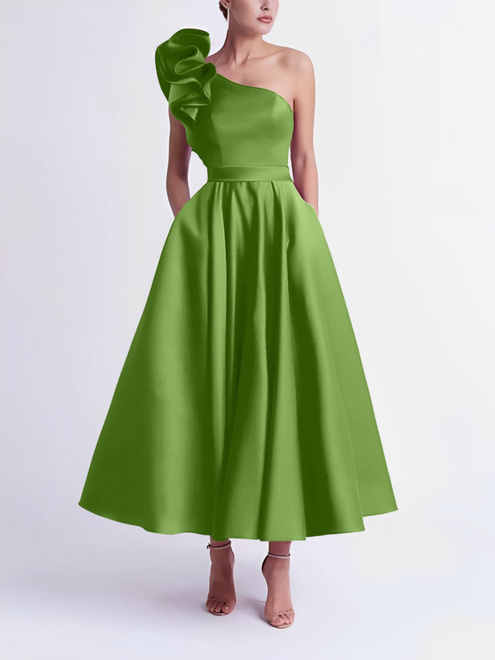 A-Line One-Shoulder Wedding Guest Cocktail Dresses Tea-Length  With Ruffles
