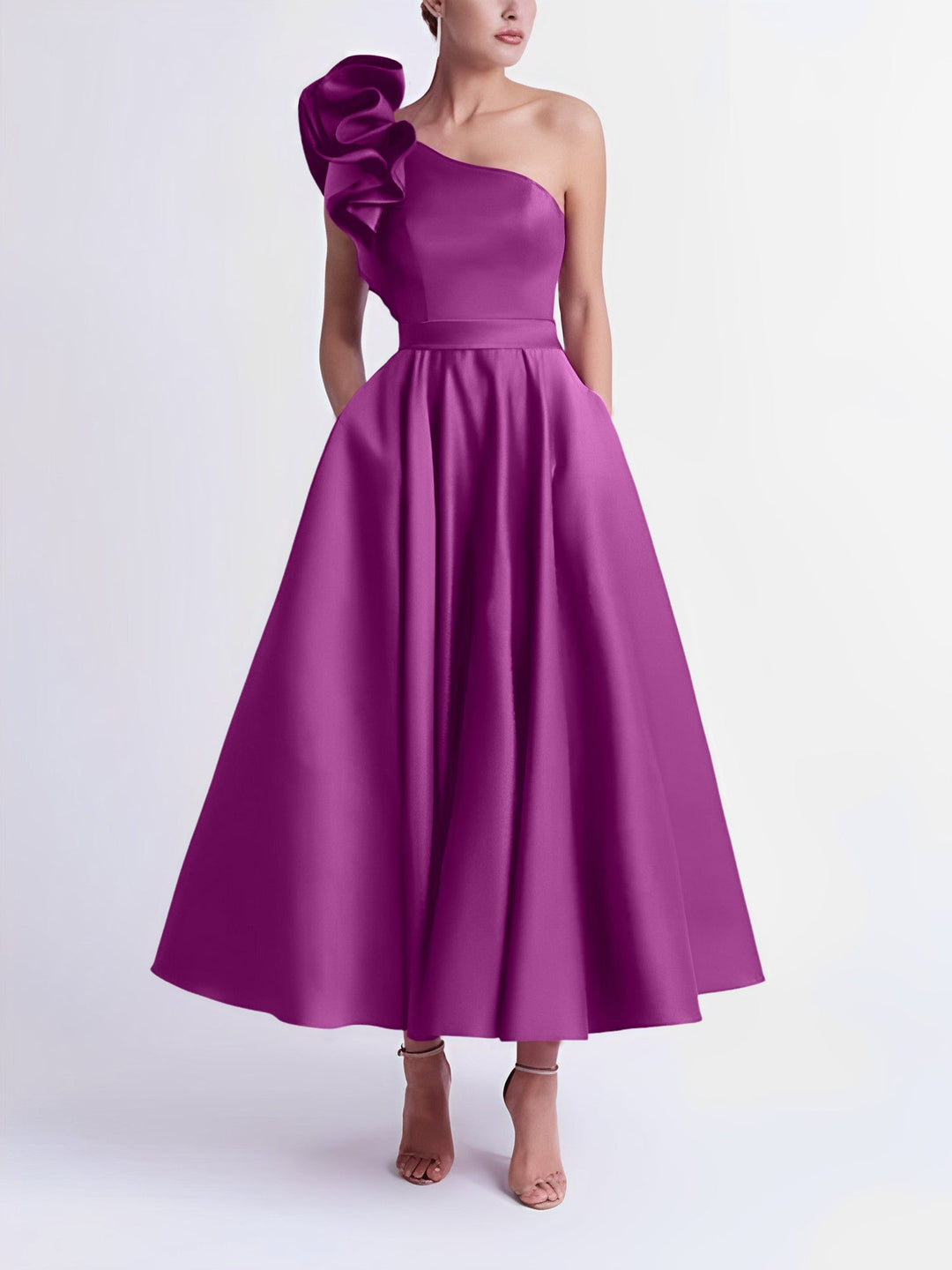A-Line One-Shoulder Wedding Guest Cocktail Dresses Tea-Length  With Ruffles