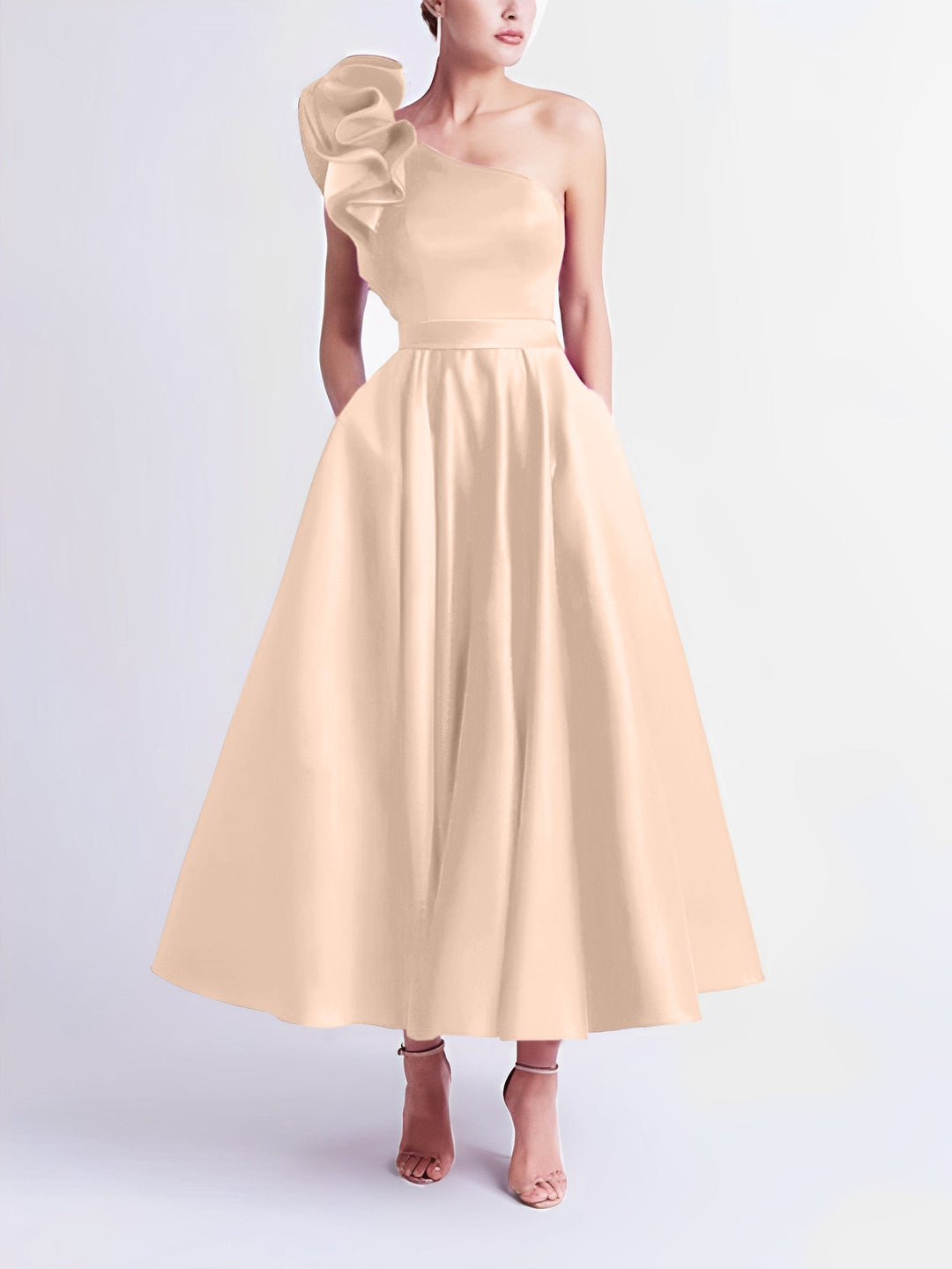 A-Line One-Shoulder Wedding Guest Cocktail Dresses Tea-Length  With Ruffles