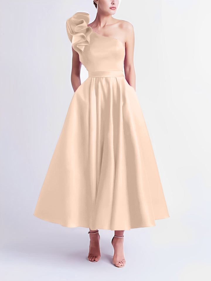 A-Line One-Shoulder Wedding Guest Cocktail Dresses Tea-Length  With Ruffles