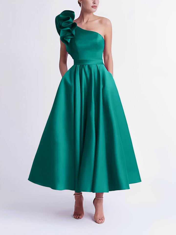 A-Line One-Shoulder Wedding Guest Cocktail Dresses Tea-Length  With Ruffles
