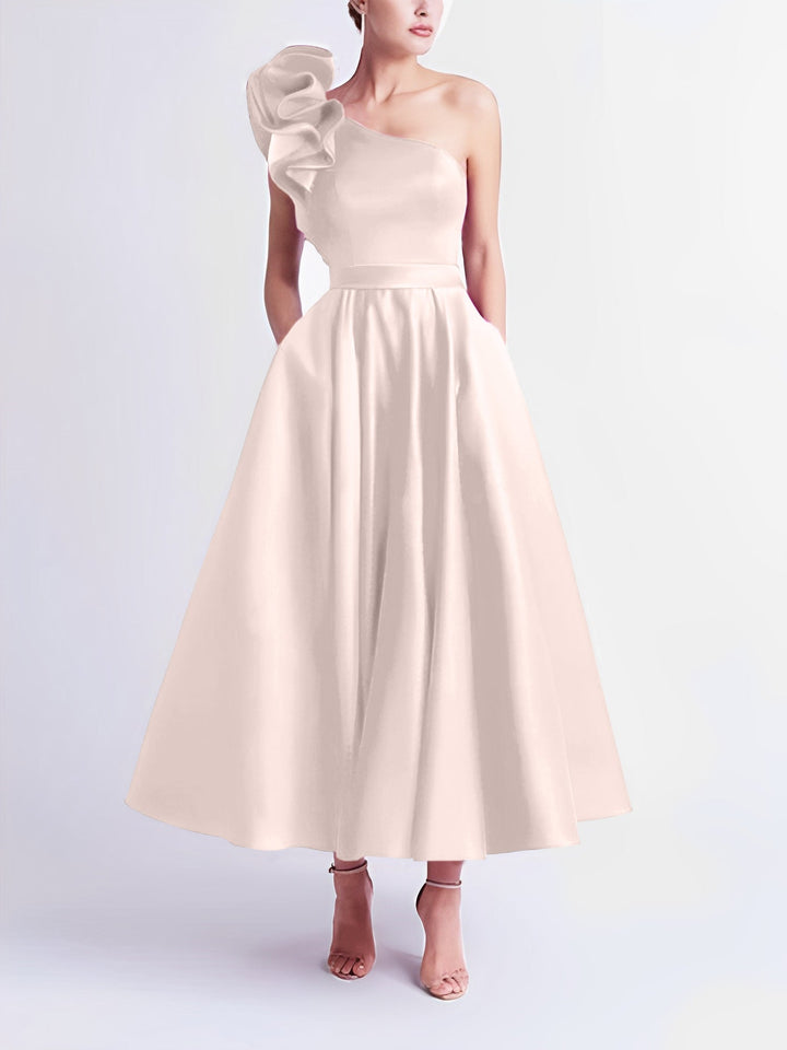 A-Line One-Shoulder Wedding Guest Cocktail Dresses Tea-Length  With Ruffles