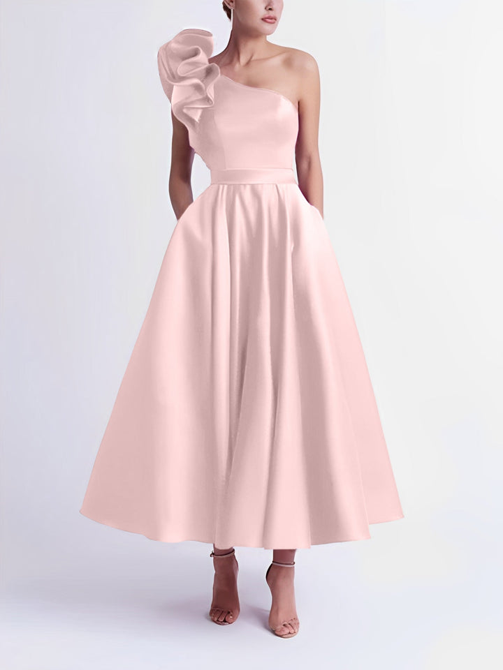 A-Line One-Shoulder Wedding Guest Cocktail Dresses Tea-Length  With Ruffles