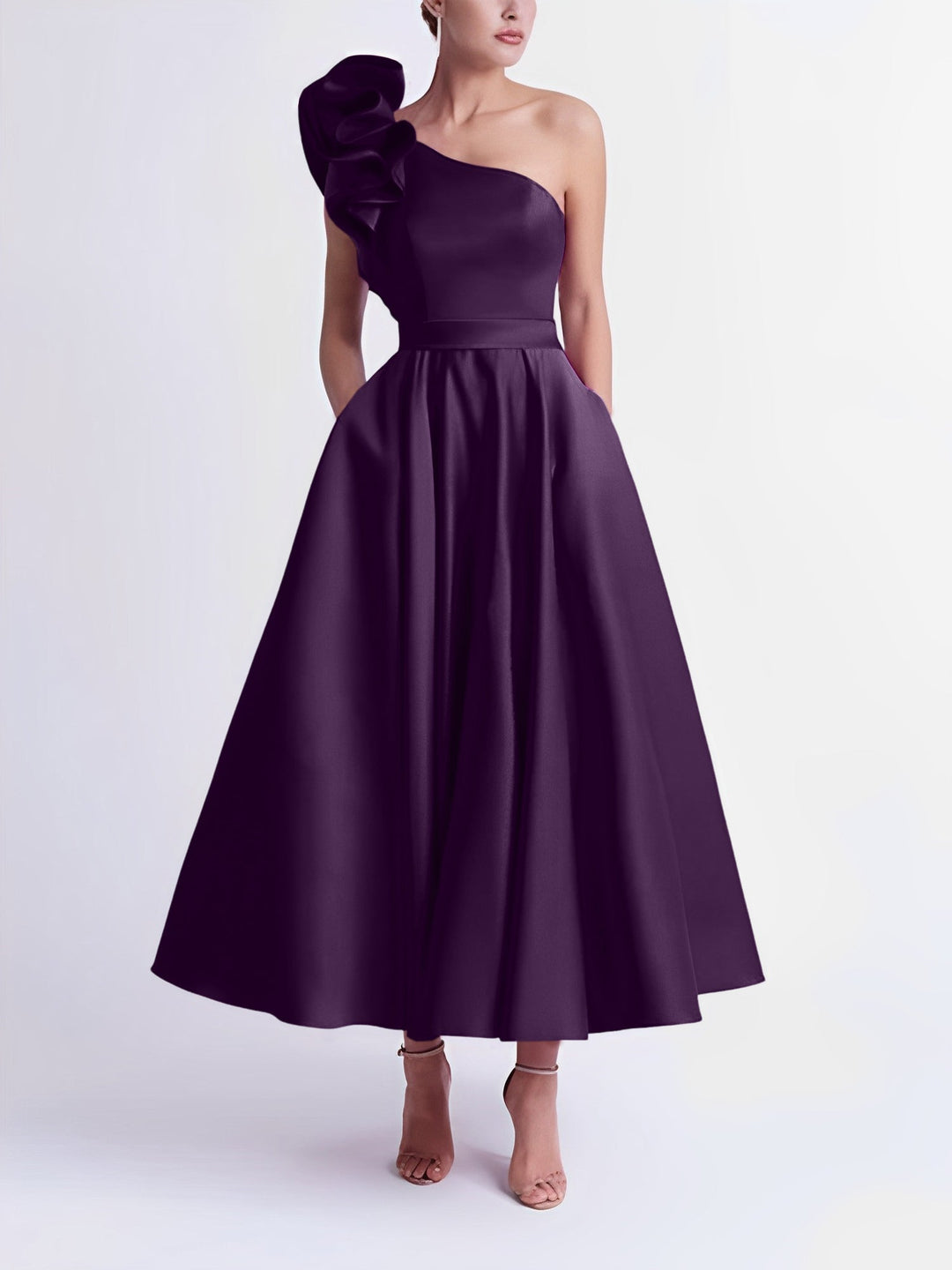 A-Line One-Shoulder Wedding Guest Cocktail Dresses Tea-Length  With Ruffles