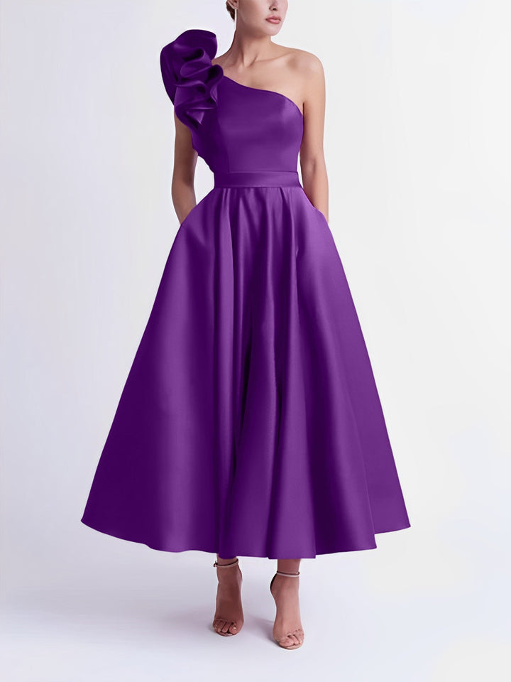 A-Line One-Shoulder Wedding Guest Cocktail Dresses Tea-Length  With Ruffles