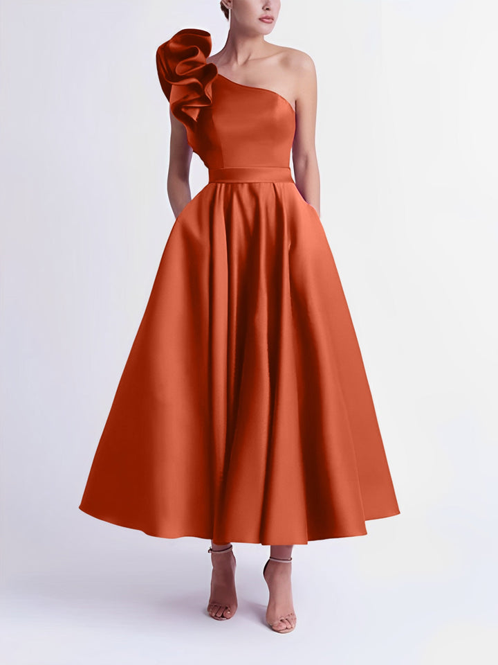 A-Line One-Shoulder Wedding Guest Cocktail Dresses Tea-Length  With Ruffles