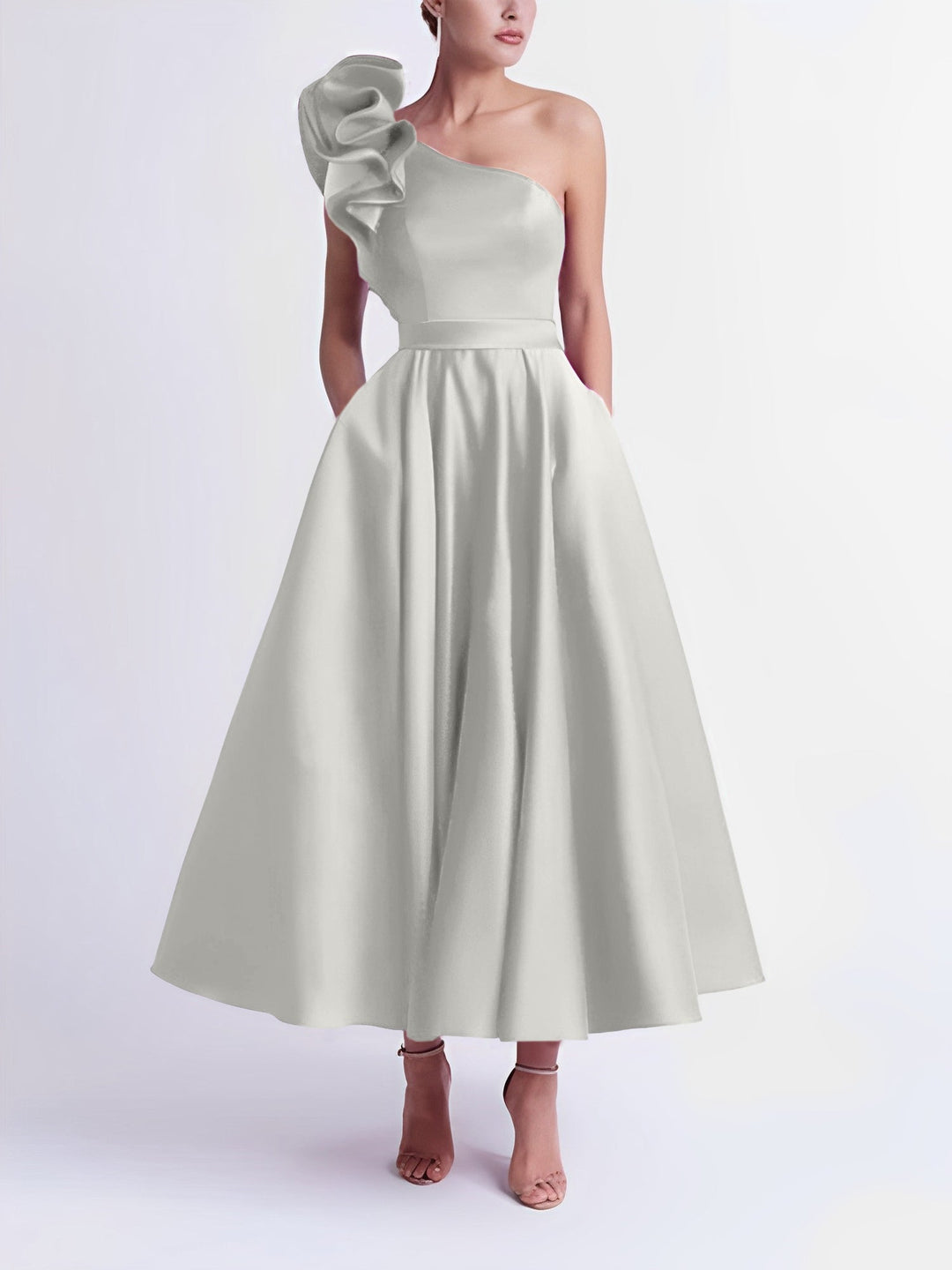 A-Line One-Shoulder Wedding Guest Cocktail Dresses Tea-Length  With Ruffles