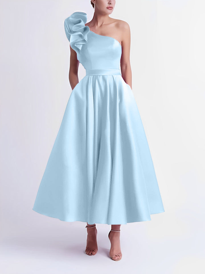 A-Line One-Shoulder Wedding Guest Cocktail Dresses Tea-Length  With Ruffles