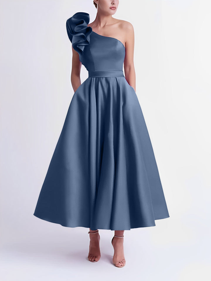 A-Line One-Shoulder Wedding Guest Cocktail Dresses Tea-Length  With Ruffles