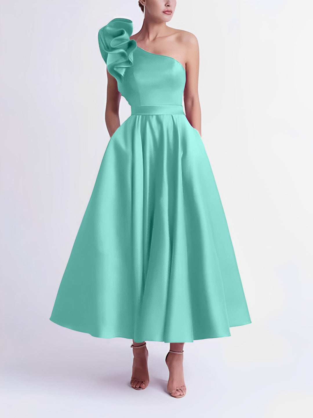 A-Line One-Shoulder Wedding Guest Cocktail Dresses Tea-Length  With Ruffles