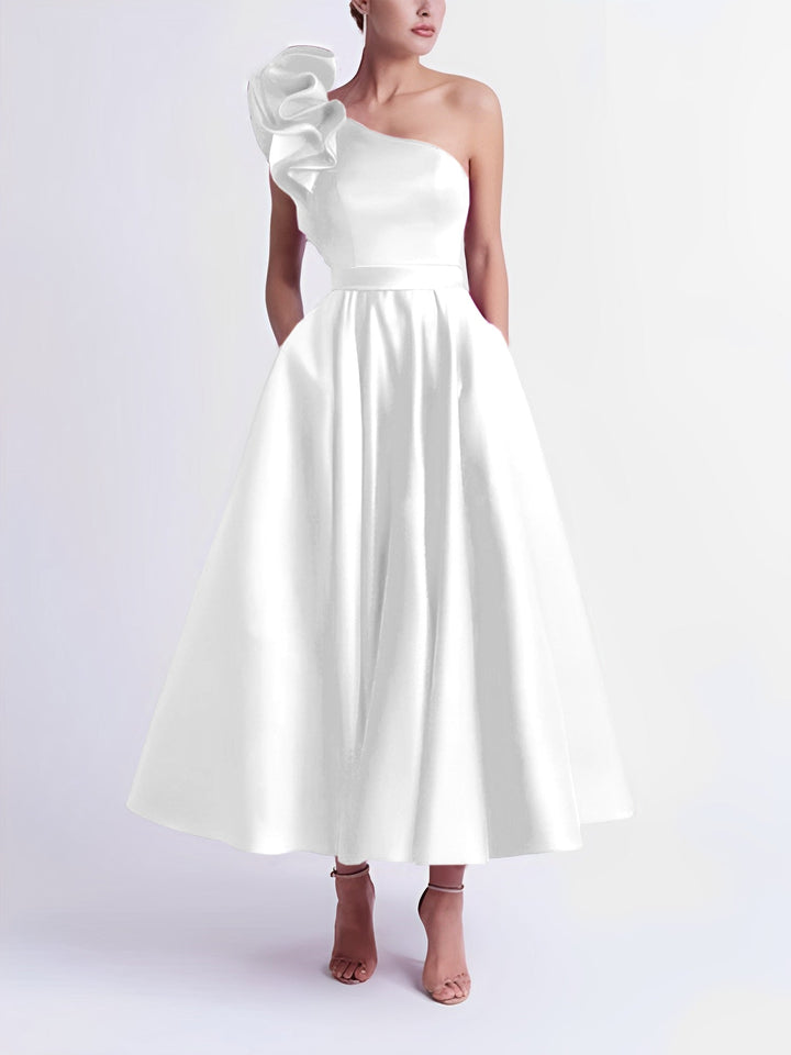 A-Line One-Shoulder Wedding Guest Cocktail Dresses Tea-Length  With Ruffles