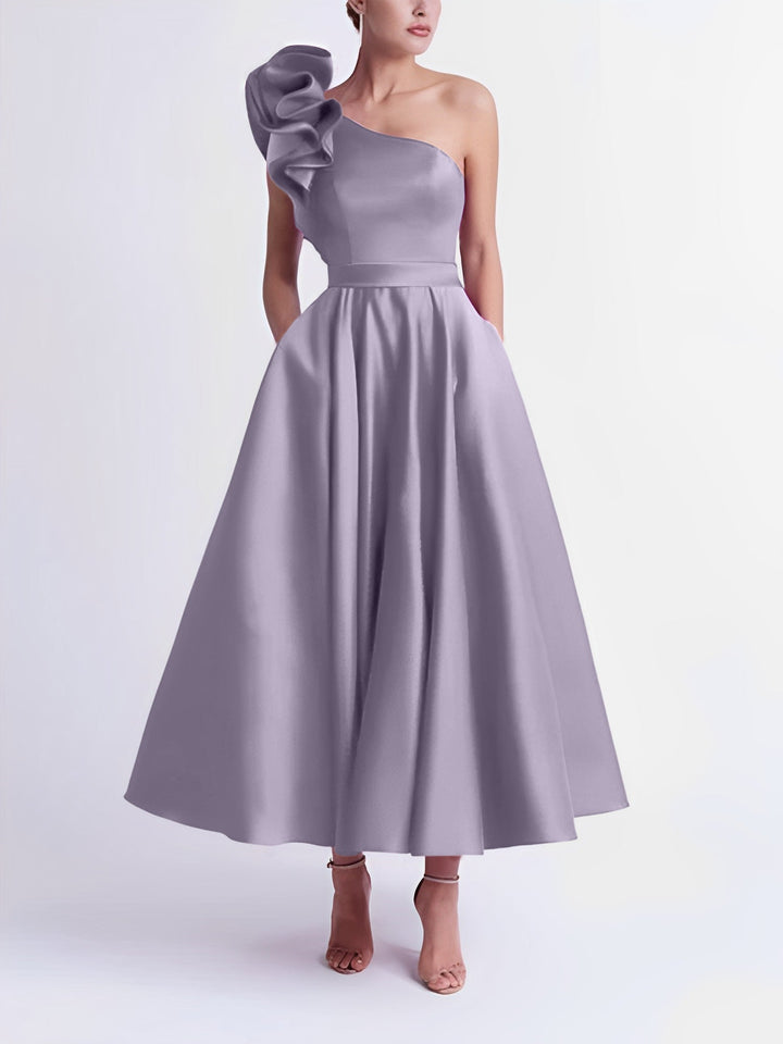 A-Line One-Shoulder Wedding Guest Cocktail Dresses Tea-Length  With Ruffles