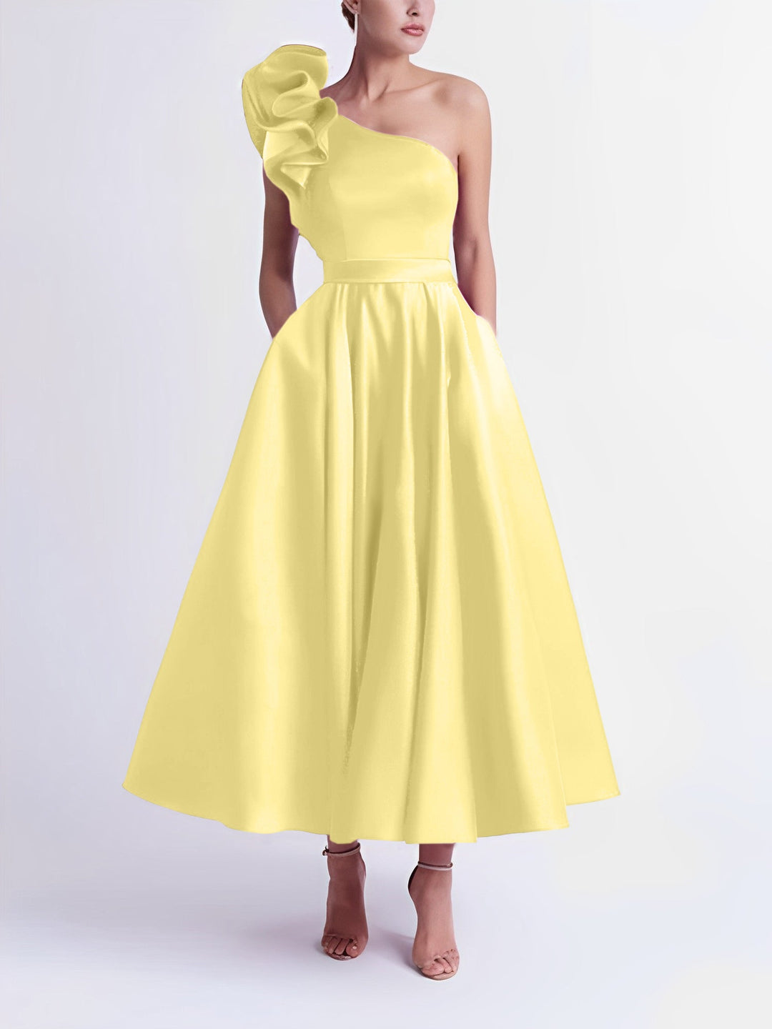 A-Line One-Shoulder Wedding Guest Cocktail Dresses Tea-Length  With Ruffles