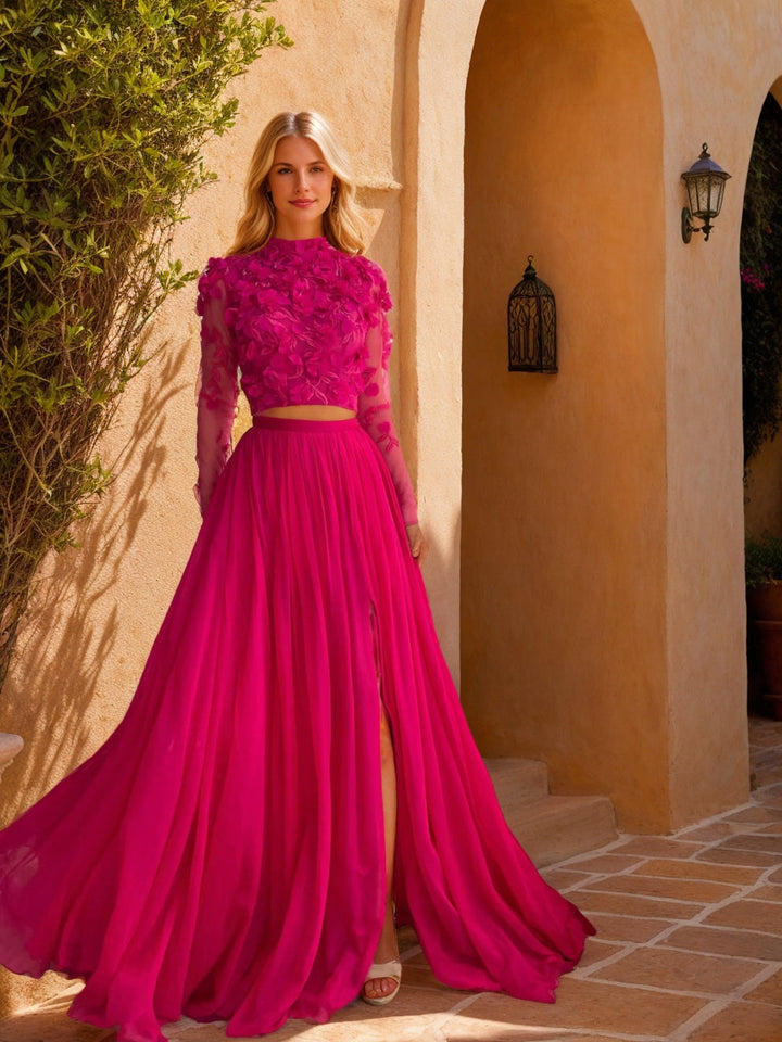 A-Line/Princess High Neck Long Formal Dresses With Split Side