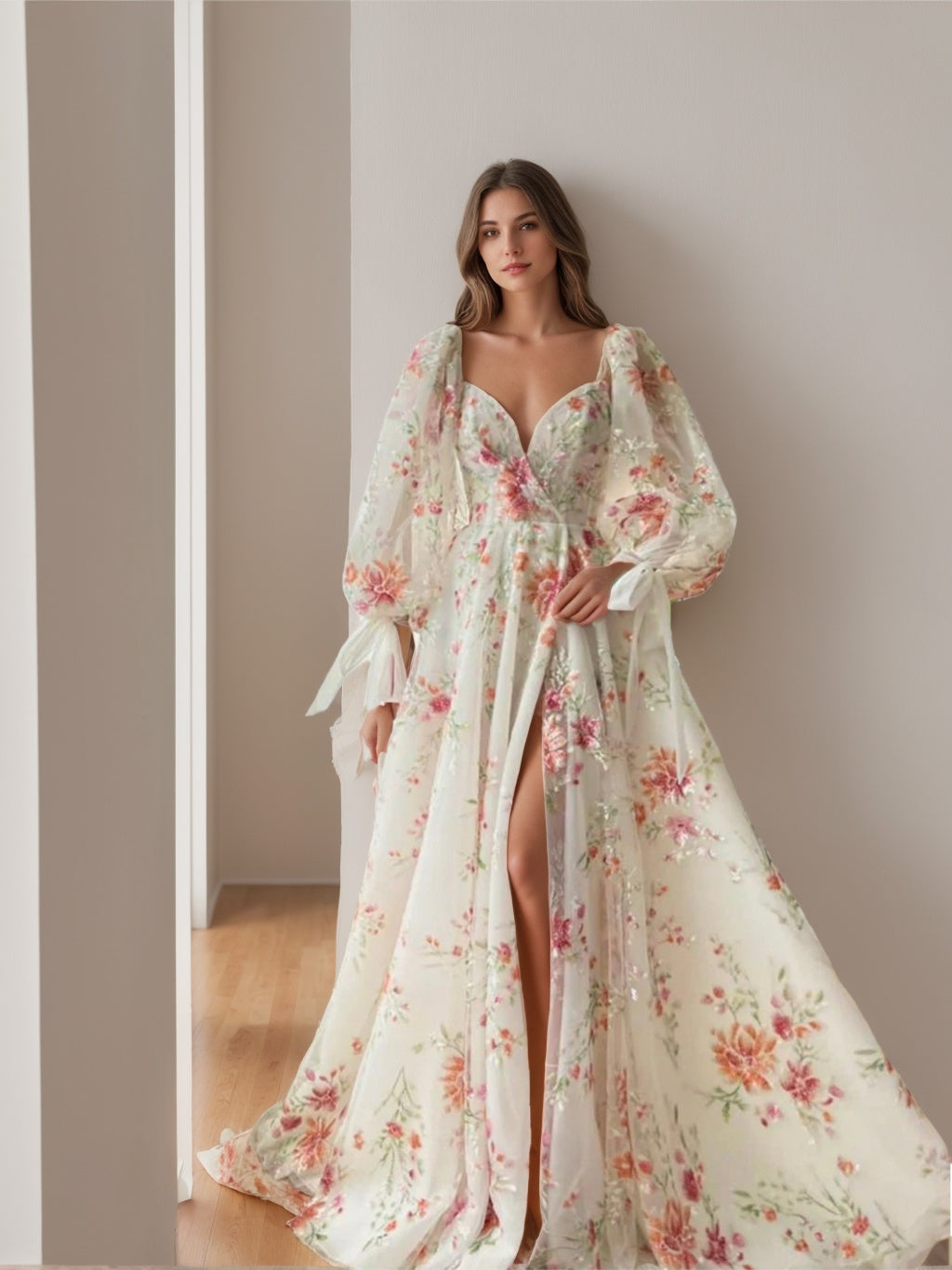 A-Line/Princess Sweetheart Long Sleeves Floor-Length  Formal Dresses with Embroidery