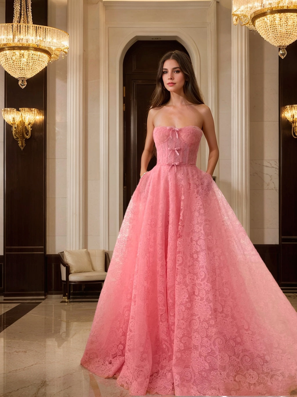 A-Line/Princess Sweetheart Strapless Floor-Length Prom Dress with Bows