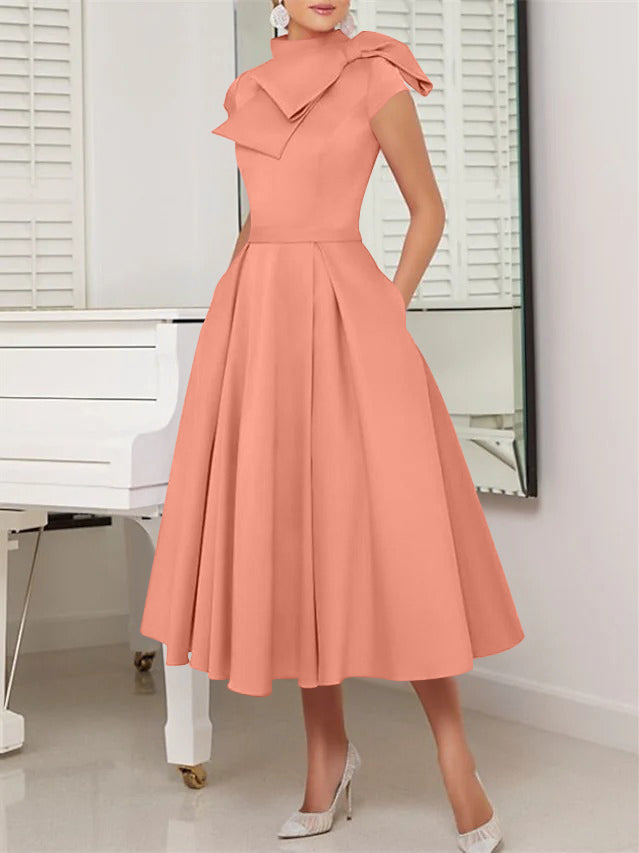 A-Line/Princess High Neck Short Sleeves Tea-Length Cocktail Dresses