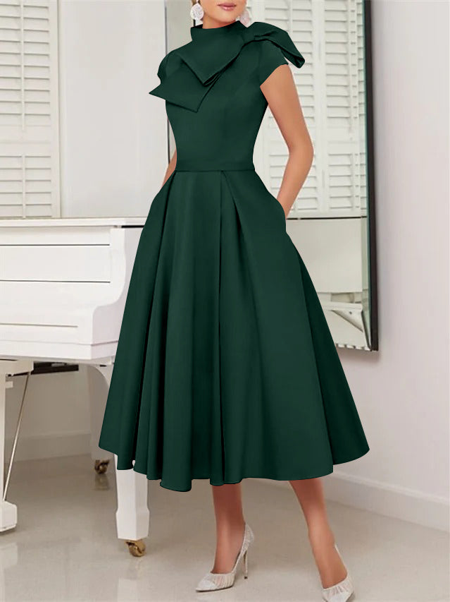 A-Line/Princess High Neck Short Sleeves Tea-Length Cocktail Dresses