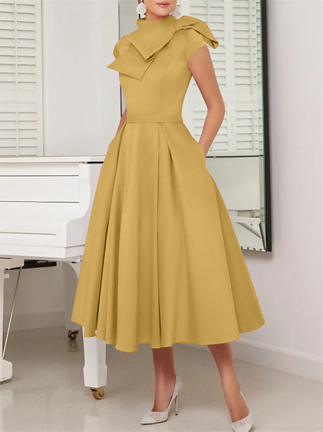 A-Line/Princess High Neck Short Sleeves Tea-Length Cocktail Dresses