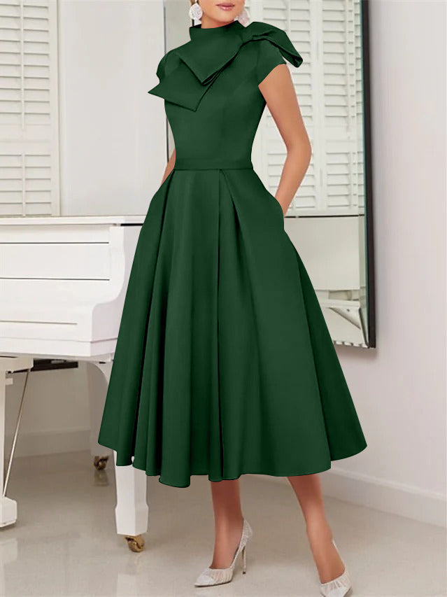 A-Line/Princess High Neck Short Sleeves Tea-Length Cocktail Dresses