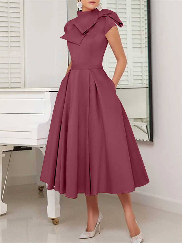 A-Line/Princess High Neck Short Sleeves Tea-Length Cocktail Dresses