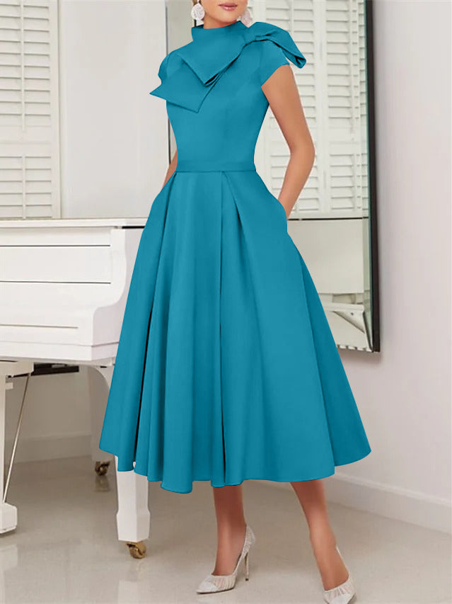 A-Line/Princess High Neck Short Sleeves Tea-Length Cocktail Dresses