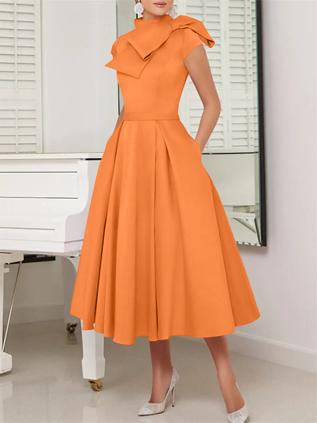 A-Line/Princess High Neck Short Sleeves Tea-Length Cocktail Dresses