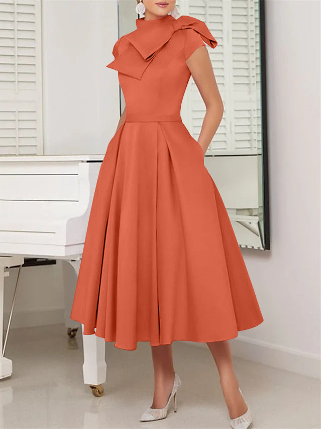A-Line/Princess High Neck Short Sleeves Tea-Length Cocktail Dresses