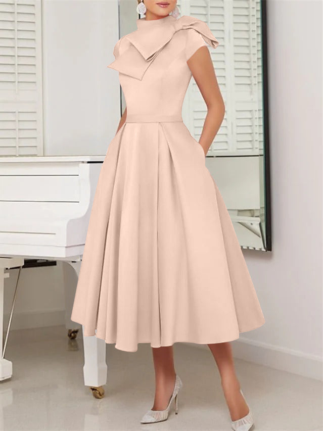A-Line/Princess High Neck Short Sleeves Tea-Length Cocktail Dresses